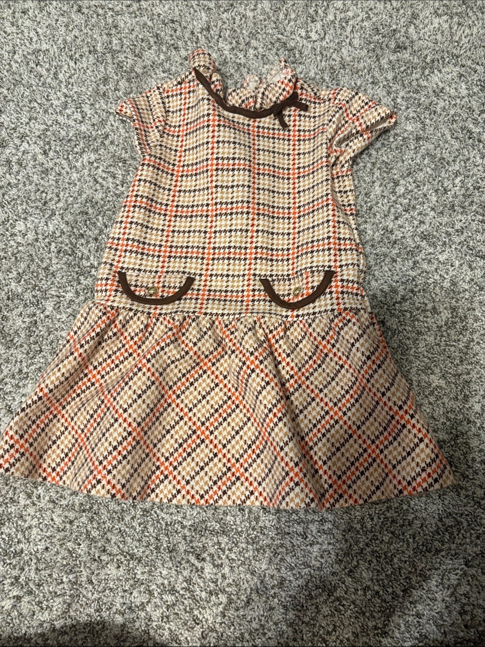 Janie and Jack Beige Plaid Dress with Orange & Brown Trim